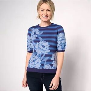 Isaac Mizrahi Live! Blue Floral Jacquard Knit Elbow Sleeve Top, Medium Excellent